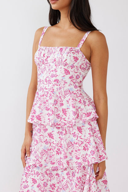 Provence Bloom Tiered Midi Dress Floral Pink